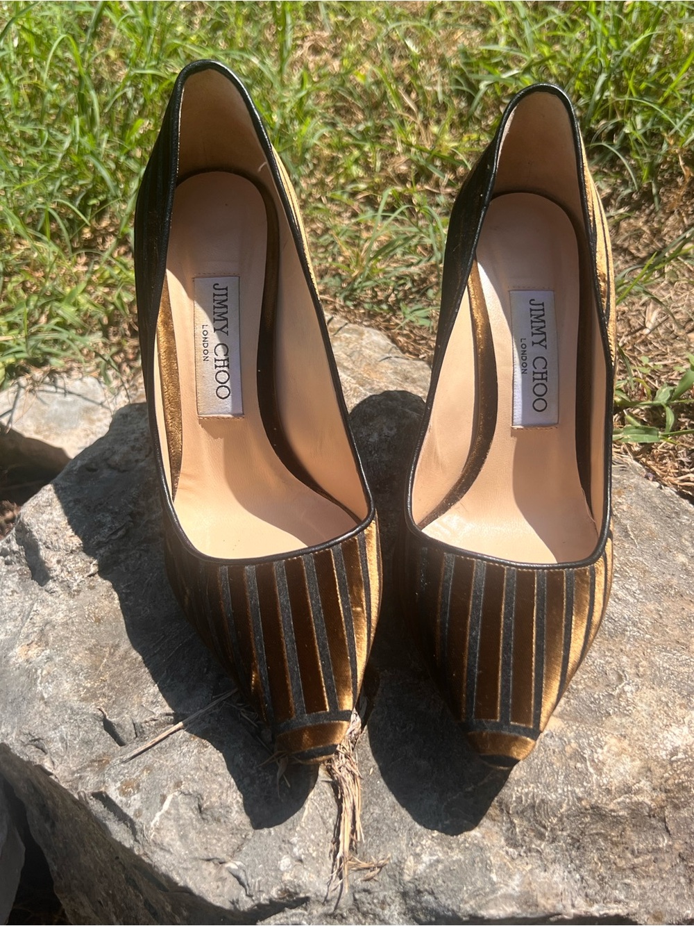 Jimmy Choo Black and Gold Striped Pointed-Toe Pumps